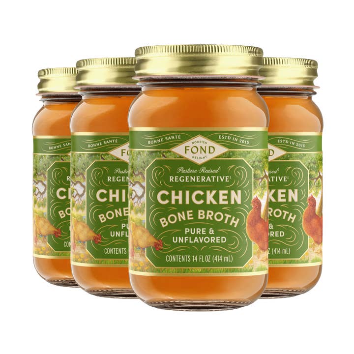 Regenerative Pasture-Raised Chicken Bone Broth 14oz for wholesale by Fond Regenerative