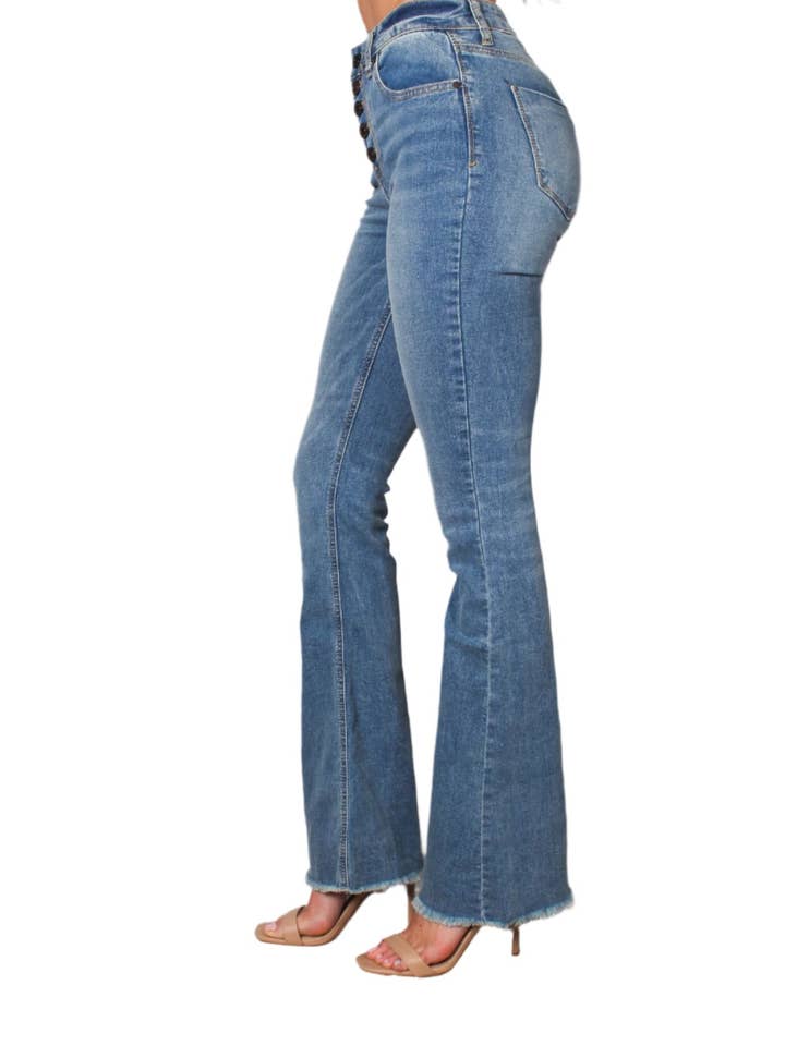 Good Stuff Apparel - Wholesale Jeans - Women's - Women's High Waist Five Buttons Raw Hem Flare Jeans 3