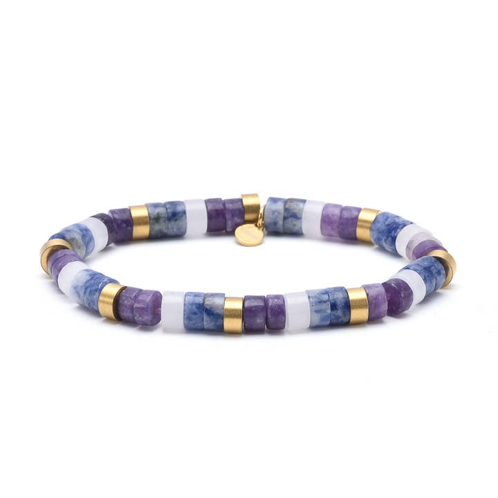 Pulseira de aço com contas heishi 6mm ametista e jaspe branco por atacado de SIXTY STONES