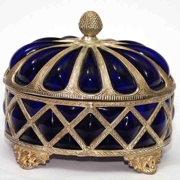 Blue glass jar made with brass for wholesale by R. Expo/Song of India