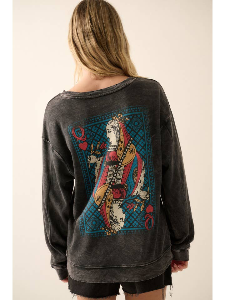 Charcoal Queen of Hearts Vintage Wash Graphic Sweatshirt for wholesale on Faire