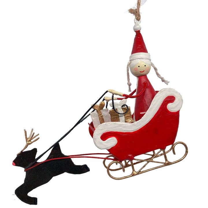 Santa girl in sleigh with gifts for wholesale by Santa and friends