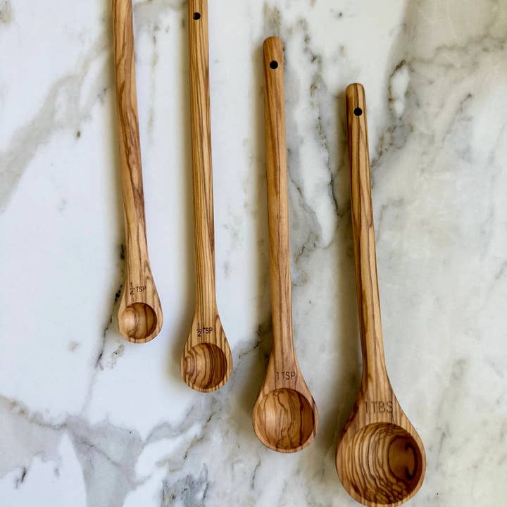 Salt & York - Wholesale Measuring Spoon - Handcrafted Olive Wood Long Handle Measuring Spoons Set1