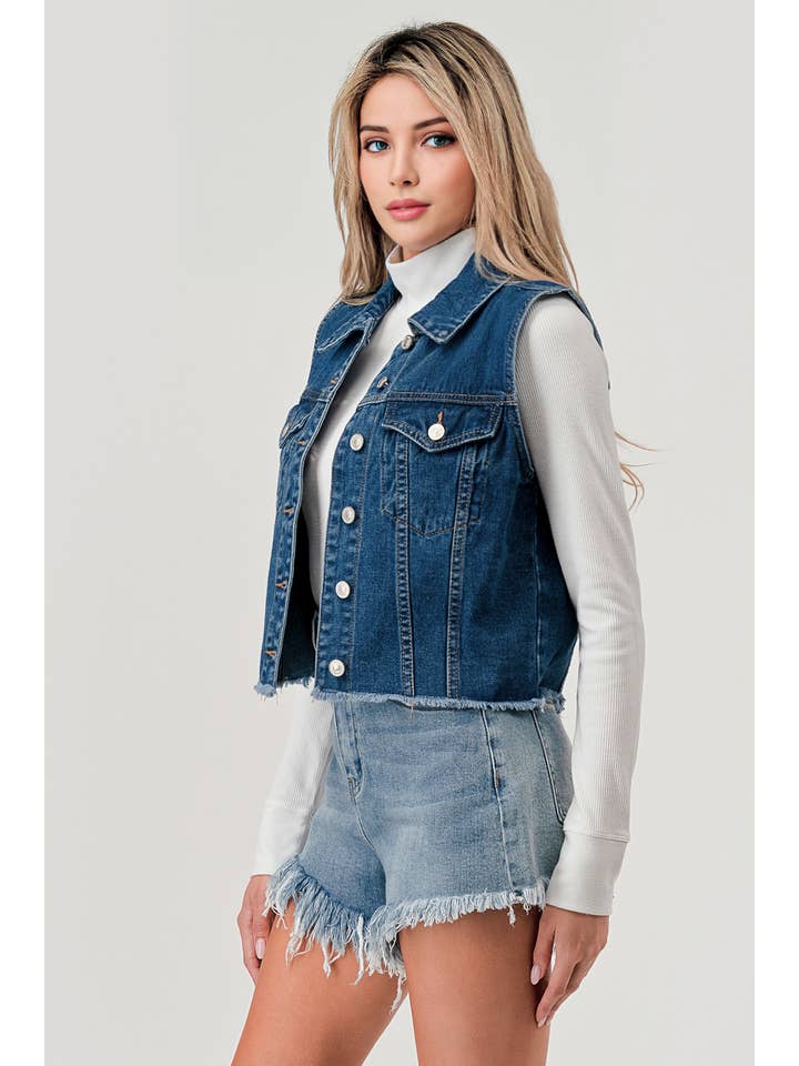 M7133V - MEDIUM DARK WASH - RAW HEM DENIM VEST for wholesale on Faire1