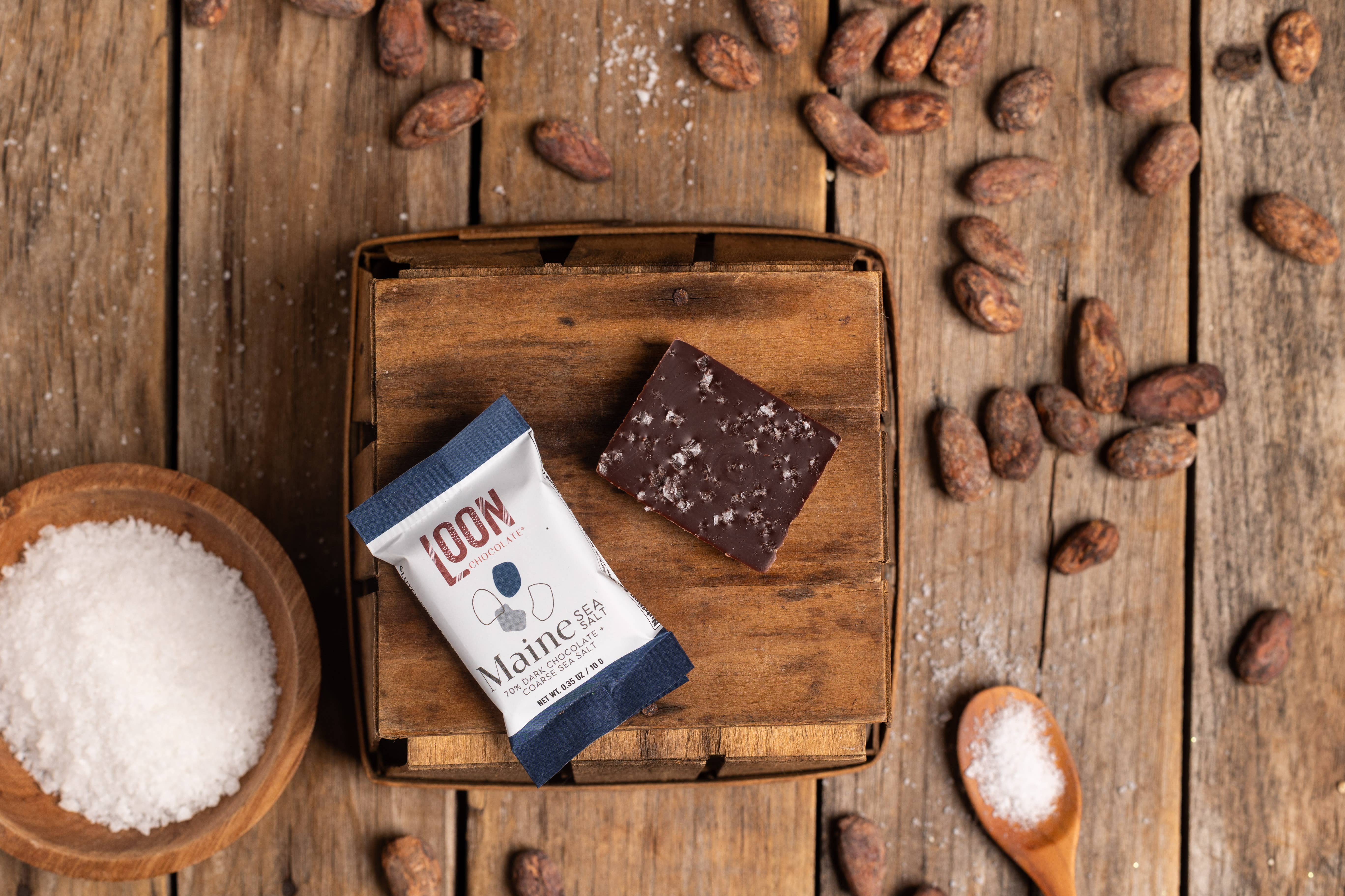 Loon Chocolate - Wholesale Chocolate Bar - Maine Sea Salt Mini Bars (70-Count Display Box)2