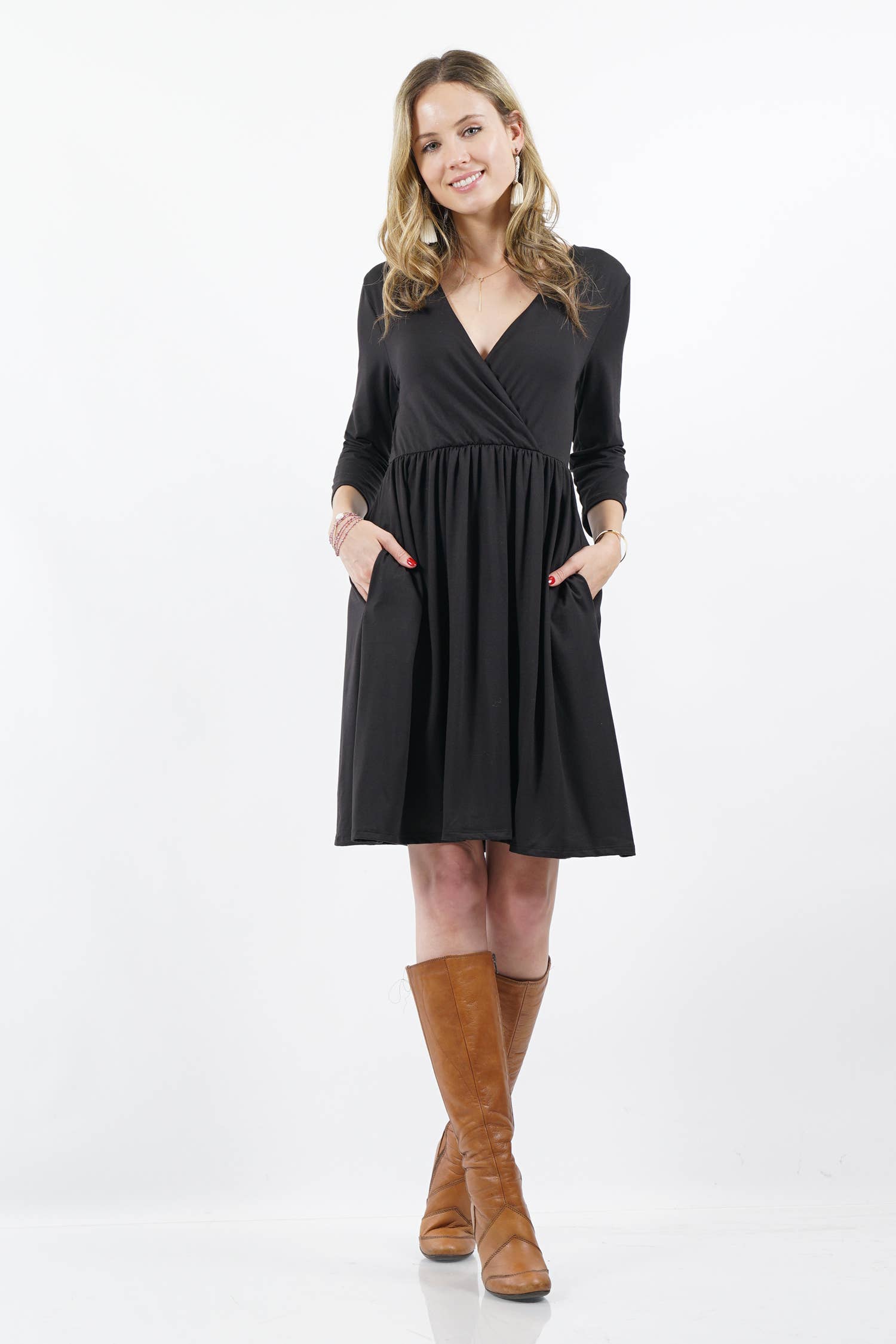 42POPS - Wholesale Tunic - Women's - ,...SI-15612 3/4 SLEEVE Empire Surplice Shirred TWO-POCKET TUNIC2