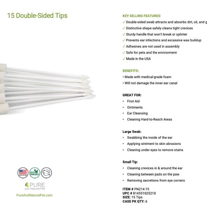 Pure and Natural Pet - Wholesale Pet Grooming Aid - Dog - Pet Ear Swabs - 15 Double-Sided Medical Grade Ear Swabs