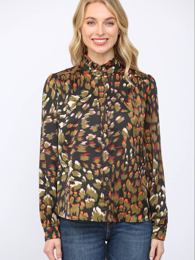 ABSTRACT PRINT RUFFLED STAND COLLAR BUTTON BLOUSE FT20397 for wholesale by FATE