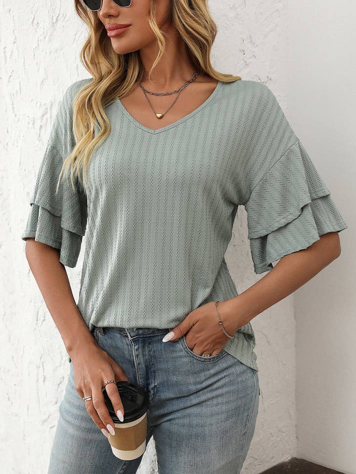 Lovesoft - Wholesale Blouse - Women's - 2025 Spring Solid Color V-Neck Ruffle Sleeve Short-Sleeve Top