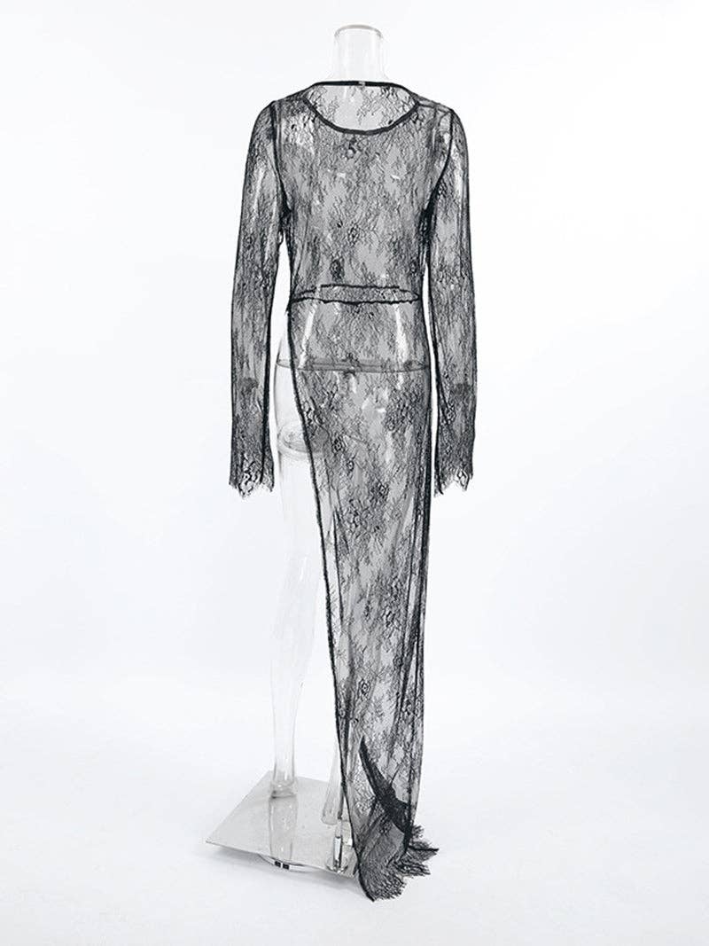 BLACK Sheer Lace Asymmetrical Long-Sleeve Top for wholesale on Faire1