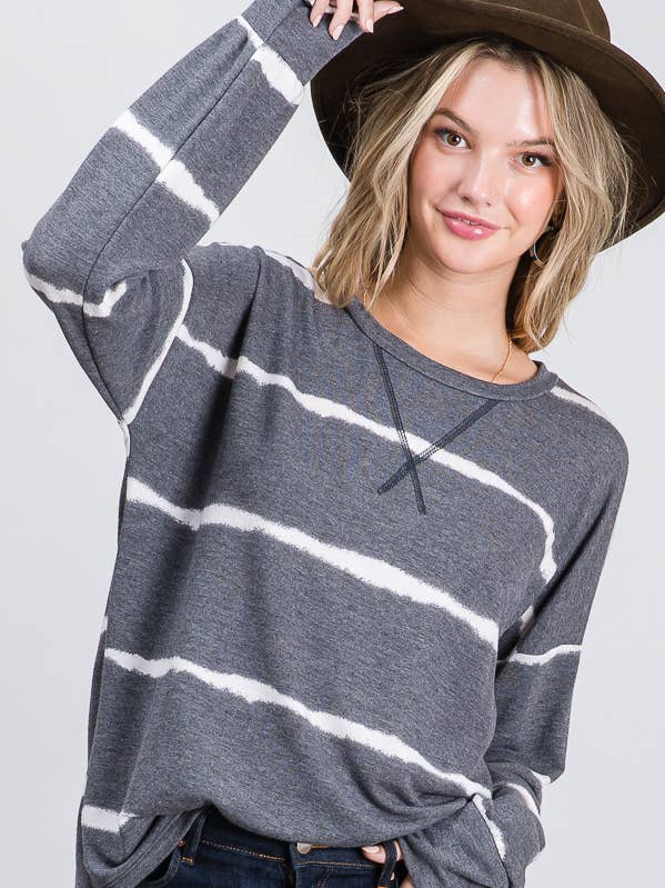 7th Ray – Engroshandel Strikket top - Dame – Stribet Tie Dye V-søm Drop Shoulder Langærmet Top T35650