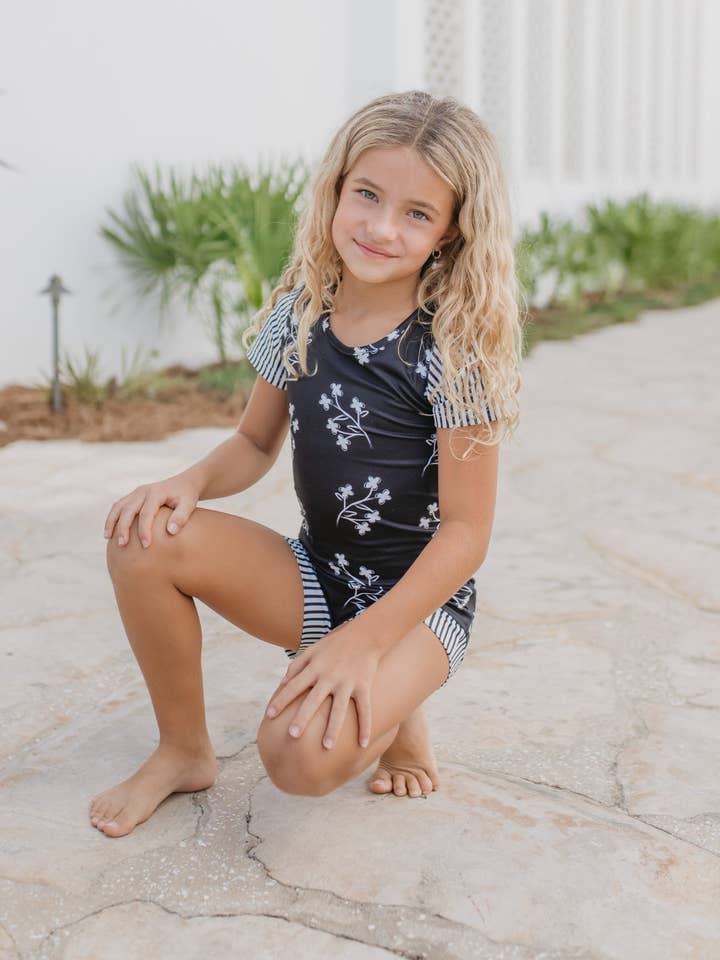 Oopsie Daisy - Wholesale Leotard - Kids - Kids Black & White Stripe Floral Dance Gymnastics Leotard
