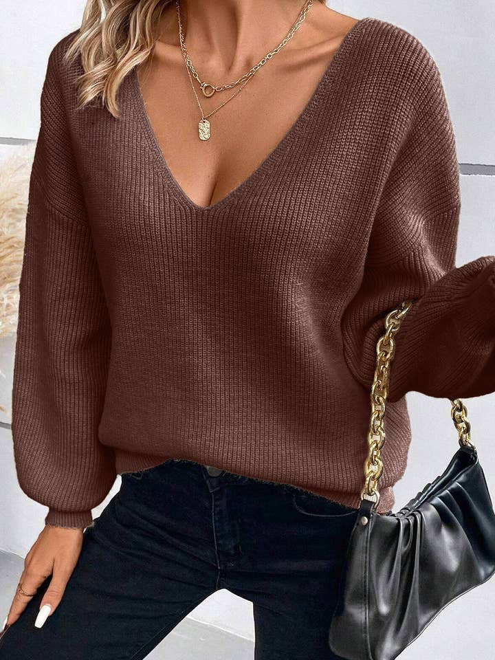 Lovesoft - Wholesale Knit Sweater - Women's - Lantern Sleeve V Neck Knot Back Sweater9