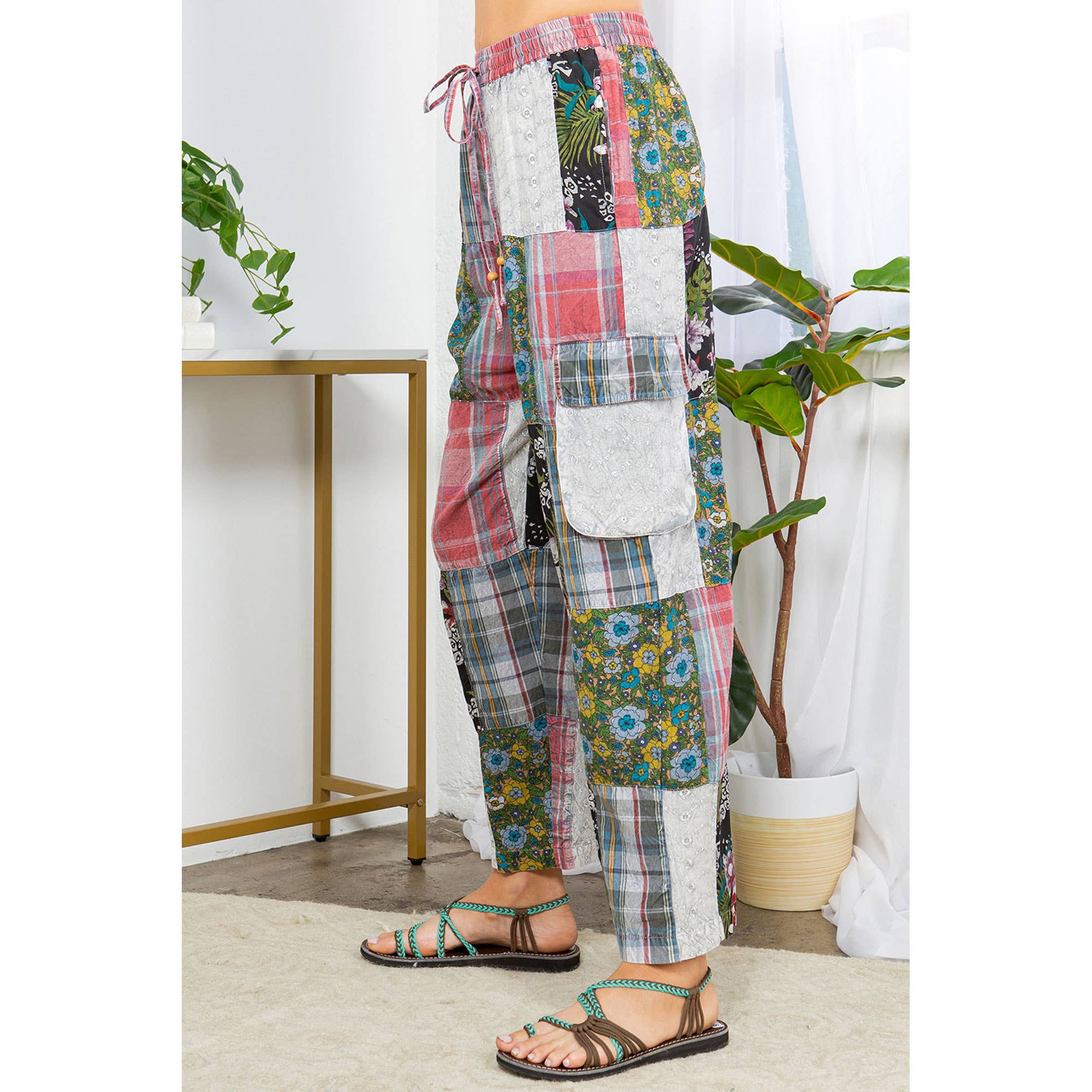 Young Threads - Wholesale Pants - Women's - Bohemian Patchwork Straight Pant Plaid & Schiffli Embroidery4