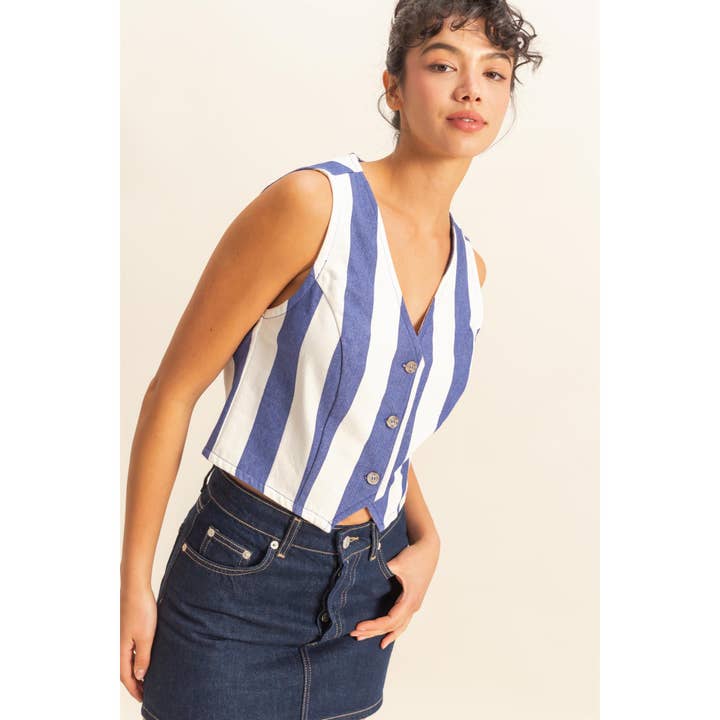 HYFVE - Wholesale Outerwear Vest - Women's - DZ25A806-Woven Striped V-Neck Sleeveless Vest