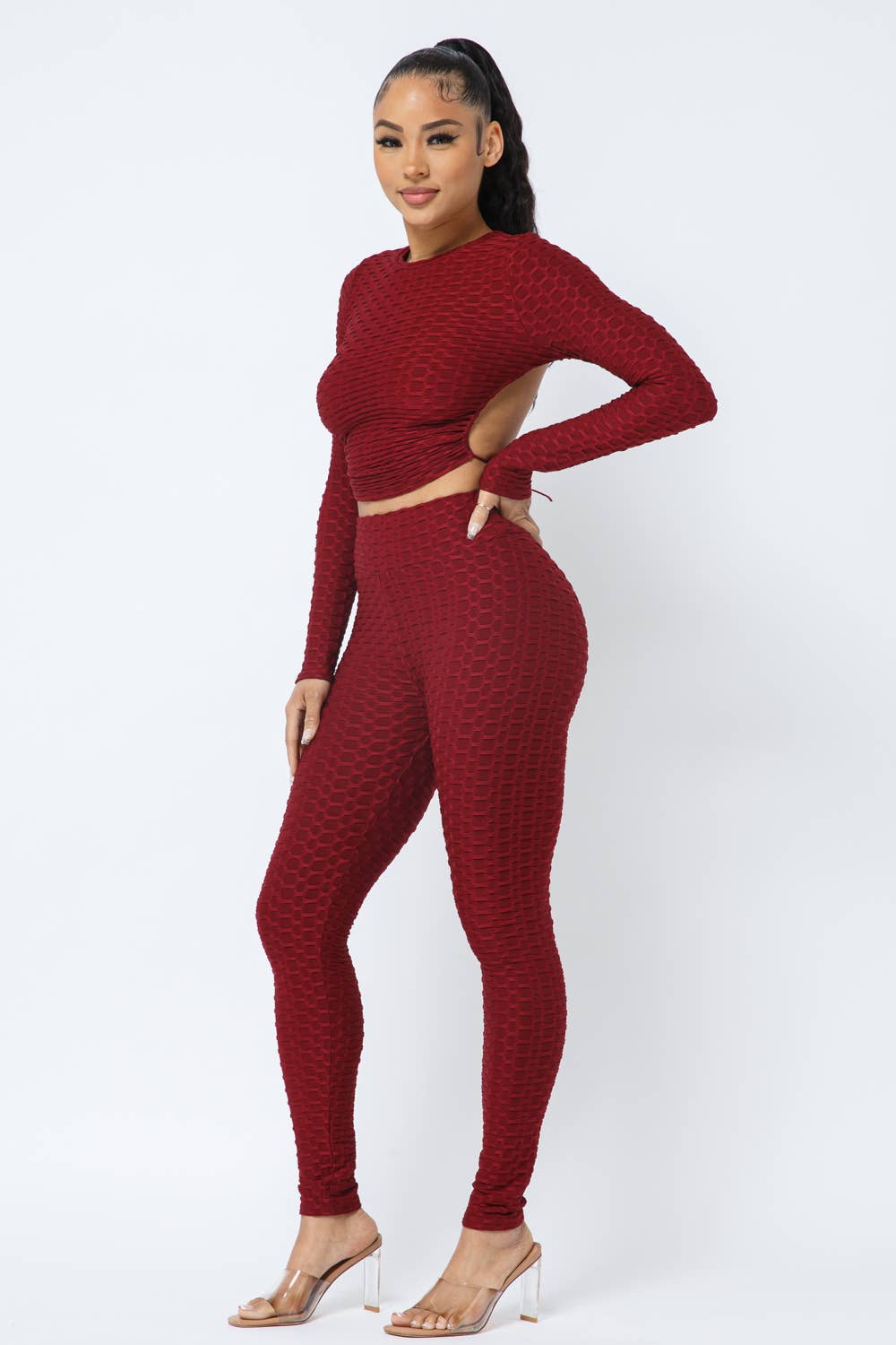 Julia by LoveJ - Wholesale Top & Pant Set (NOT Loungewear) - Women's - Honeycomb Open Back Tie Top and Leggings Set3