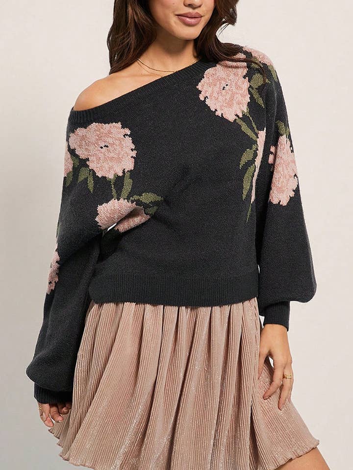 Pull en maille à fleurs épaules dénudées pour la vente par Soli Echo