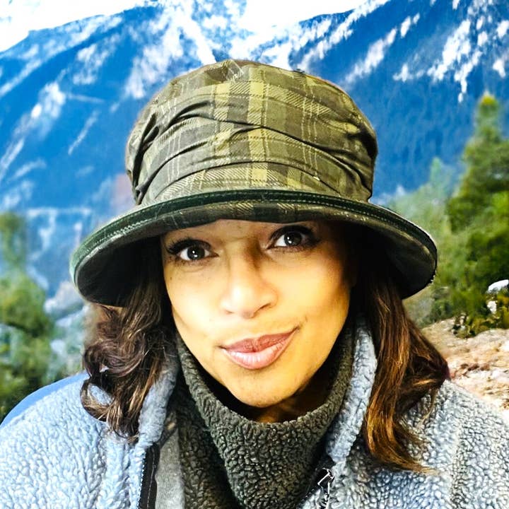 Peak & Brim Hats - Wholesale Bucket Hat - Women's - Bonnie Waterproof Wax Rain Hat, Green Tartan & Velvet Trim2