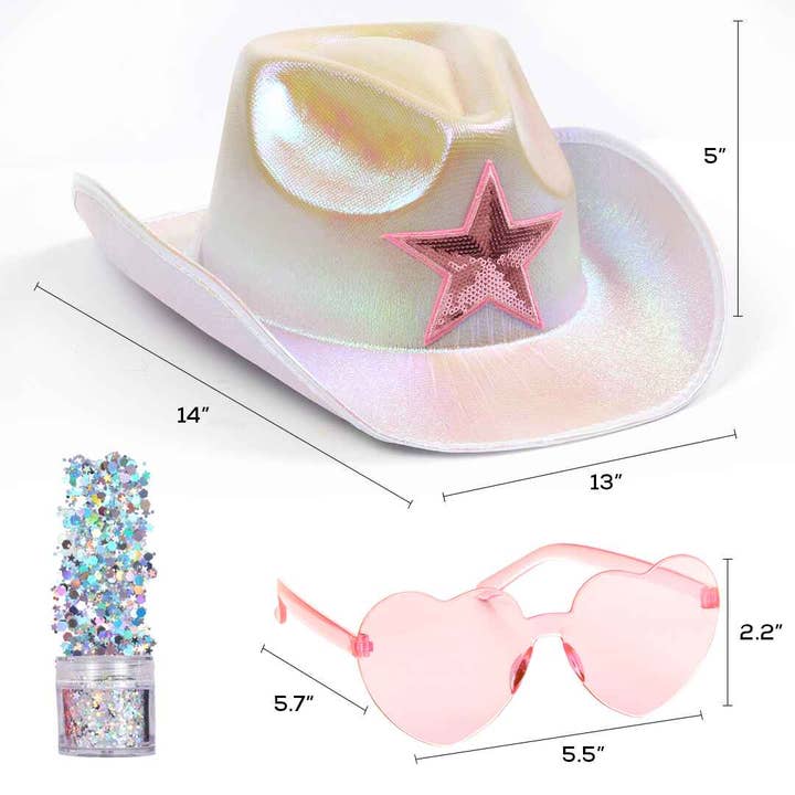 Funcredible – Großhandel Cowboyhut – Damen – Holographischer Cowgirl-Hut, weiß, mit Brille und Glitzer