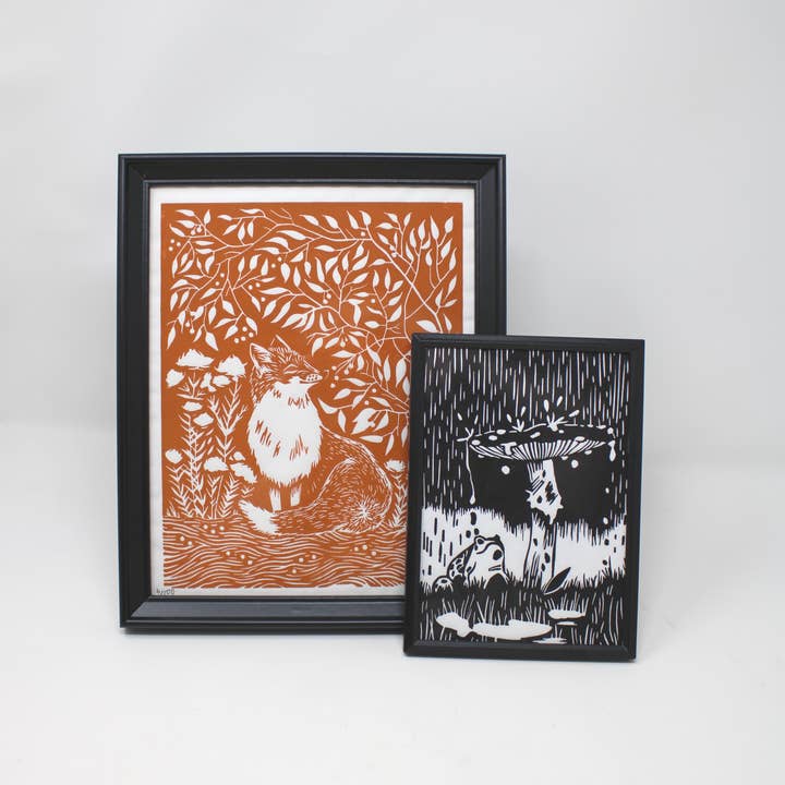 Morganite Press - Wholesale Art Print - Frog's Umbrella Mushroom Linocut Print