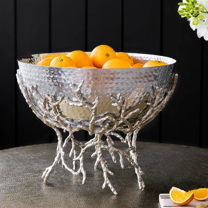 A&B Home Group Inc. - Wholesale Decorative Plate/Dish/Bowl - 14x14x11" Silver Decorative Aluminum Bowl with Twig Stand1