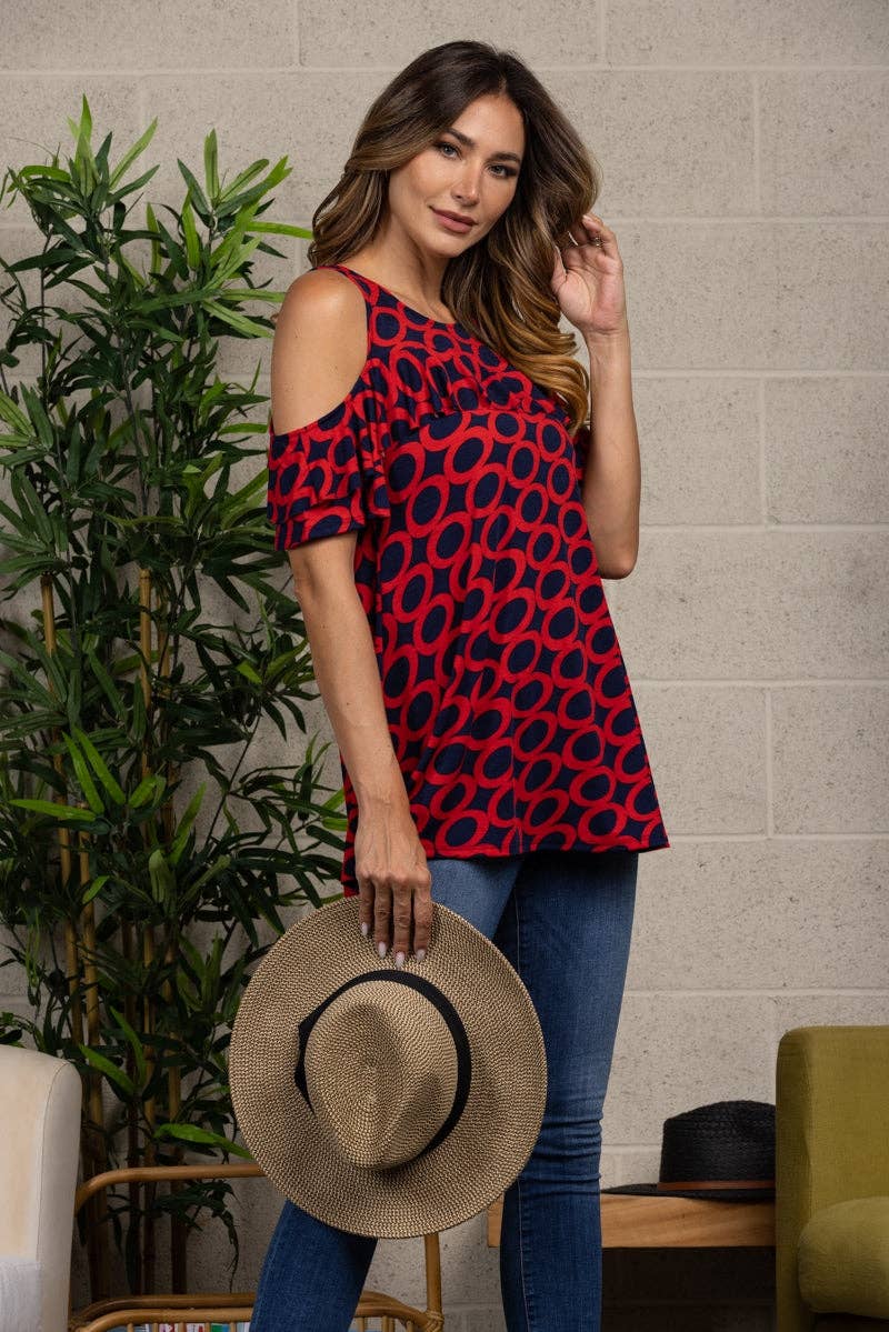 RED NAVY ROUND NECK COLD SHOULDER BLOUSE TOP for wholesale on Faire2