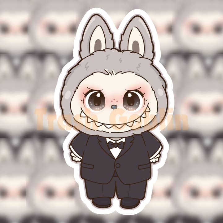 Tuxedo Labubu vinylklistermærke for engroshandel hos Trash Goblin