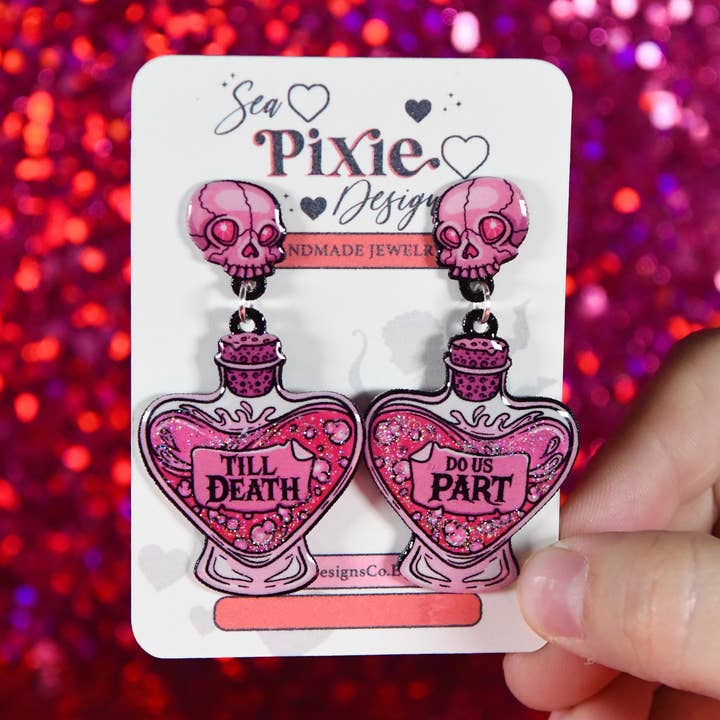 Glittery Love Potion Valentines Day Dangle Earrings for wholesale by Sea Pixie Designs