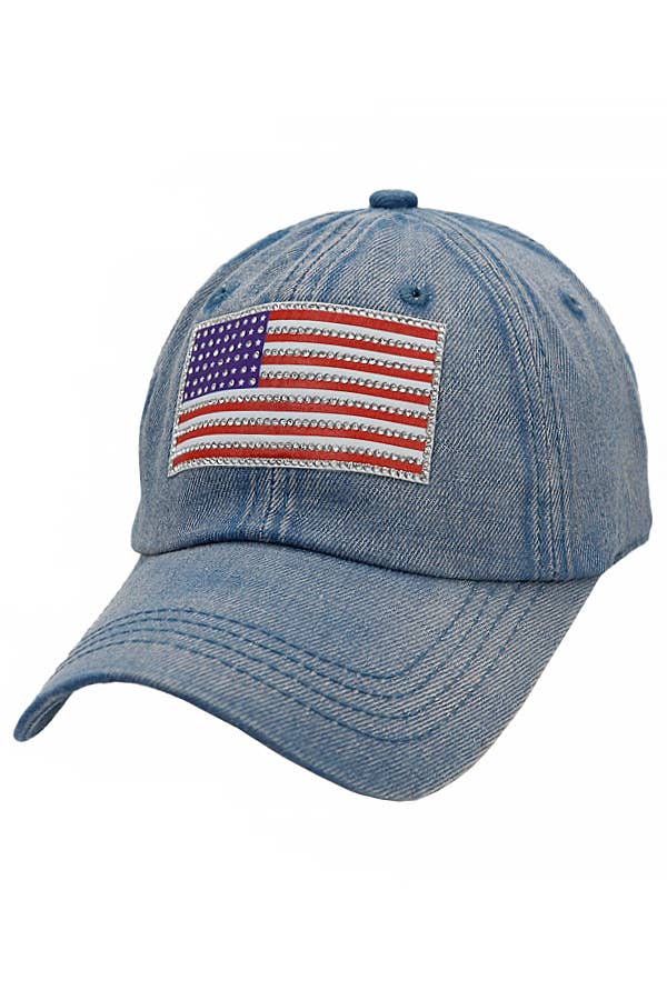 Cap Zone - Wholesale Baseball Cap - Unisex - American Flag Rhinestone Patch Washed Denim Baseball Cap3