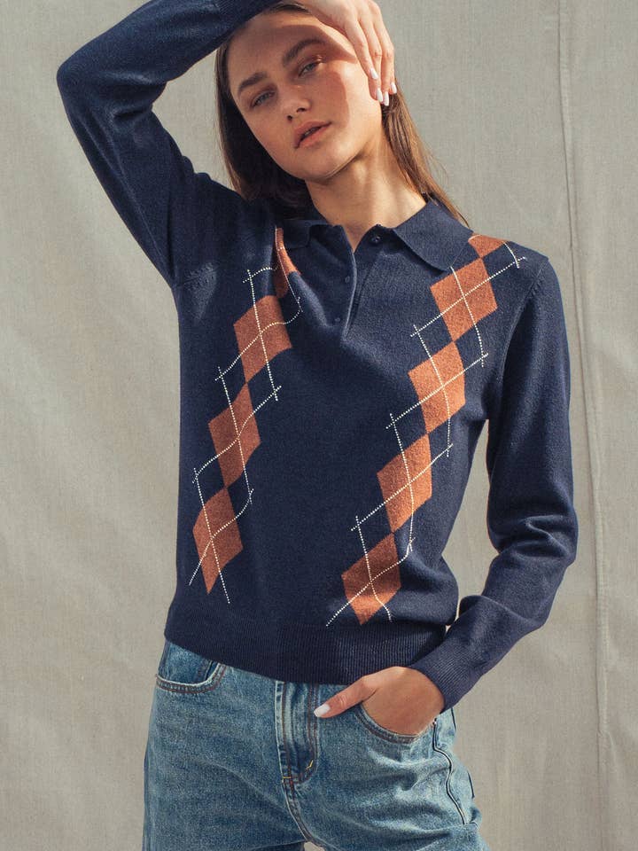 Urban Daizy - Vente Pull en maille – femme - Pull Polo Tricoté à Motif Argyle Classique13