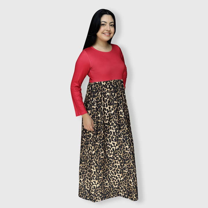 ILTEX Apparel - Wholesale Dress - Women's - Cheetah Red Long Sleeve Maxi Dress Women