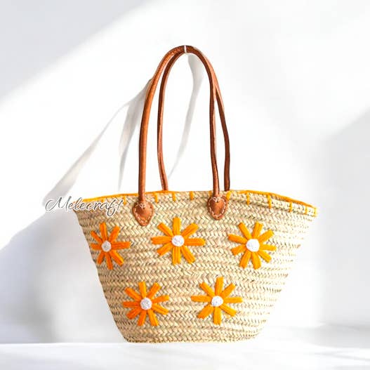 Embroidered Flower Straw Bag with Leather Handles for wholesale by Melecraft