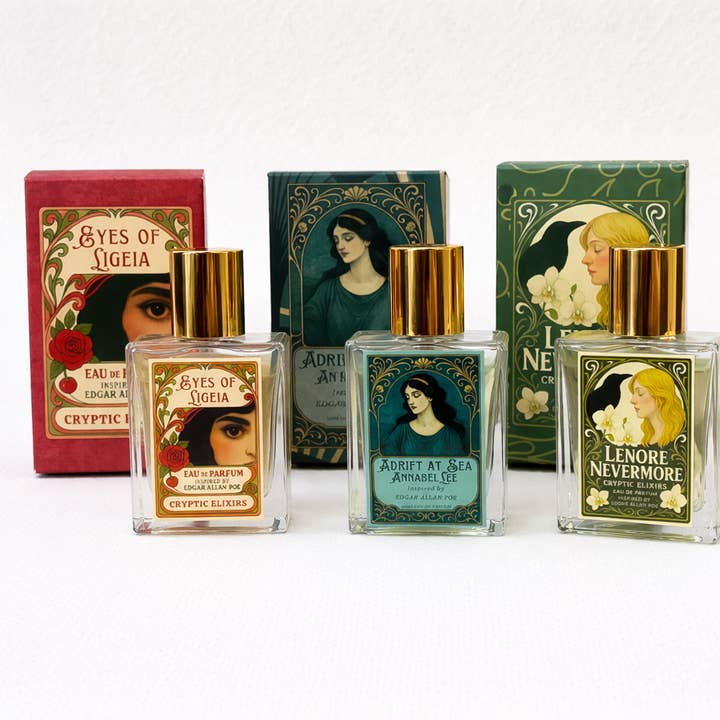 All 3 Women of Edgar Allan Poe Literary Perfume Collection for wholesale by Cryptic Paper Co.