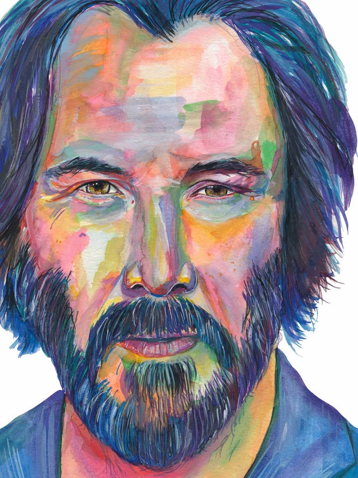 Impression aquarelle de Keanu Reeves pour la vente par Rebecca Holopter