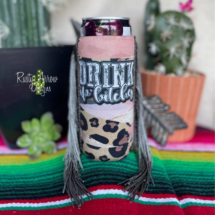 Slim Drink up Bitches Fringe Koozie for wholesale by RAD Wholesale