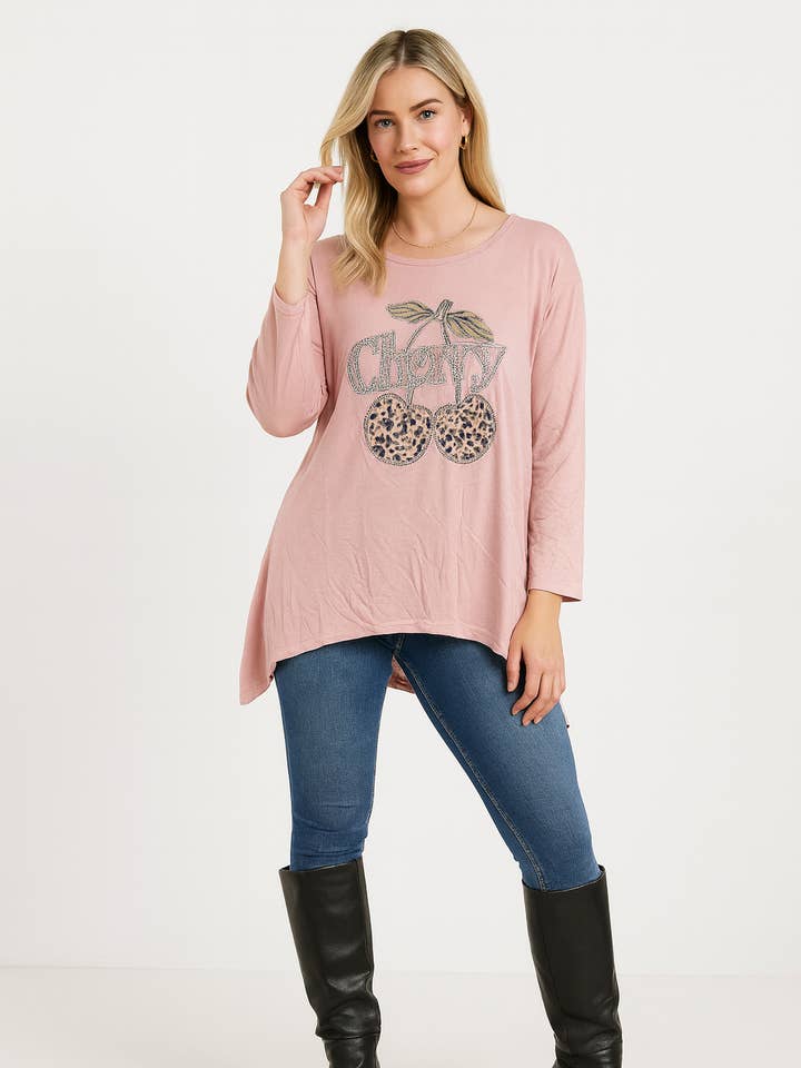 Italiaanse Zachte Gebreide Tuniek Trui Top met Kersenprint in Oversized Model voor wholesale door Miss Bold