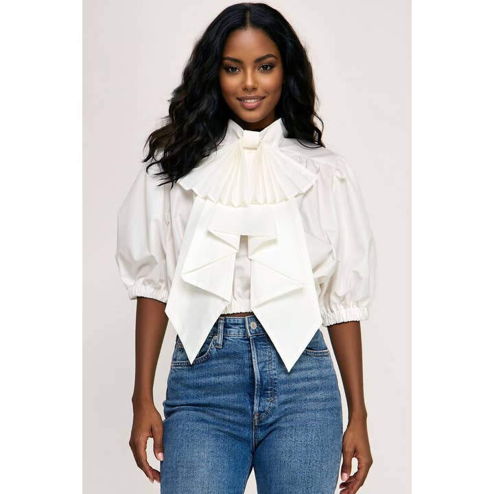 Plus Front Bow Puffed Short Sleeve Back Tie Blouse Top for wholesale by omgstyles