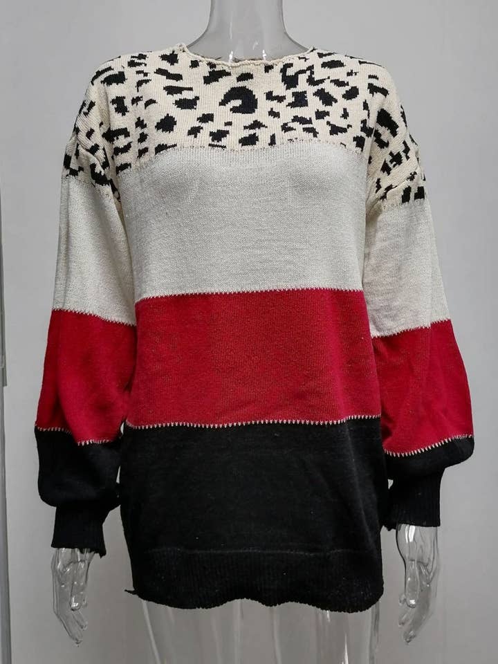 Masyal - Wholesale Knit Sweater - Women's - Leopard Print Colorblock Sweater with V-Neck
