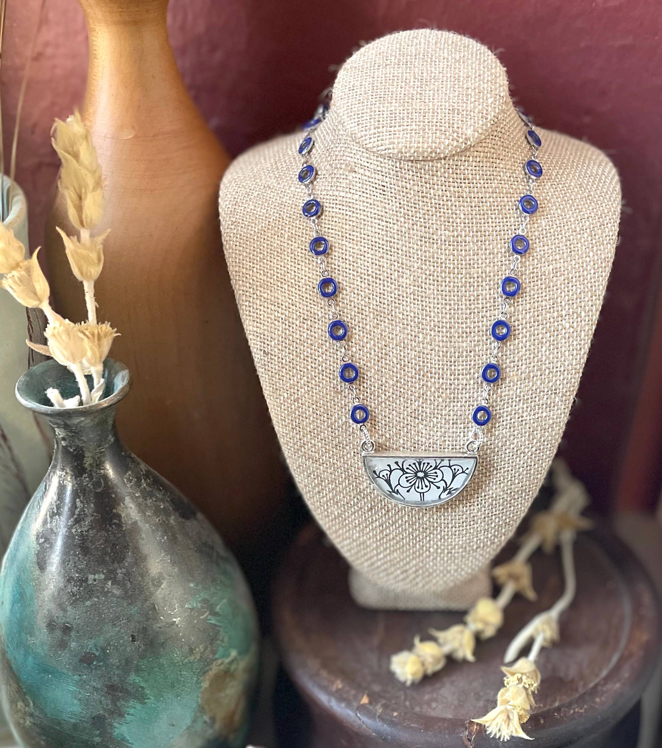 joeyfivecents - Wholesale Pendant/charm necklace - Art Deco Demi crescent necklace- b&w botanicals cobalt chain2