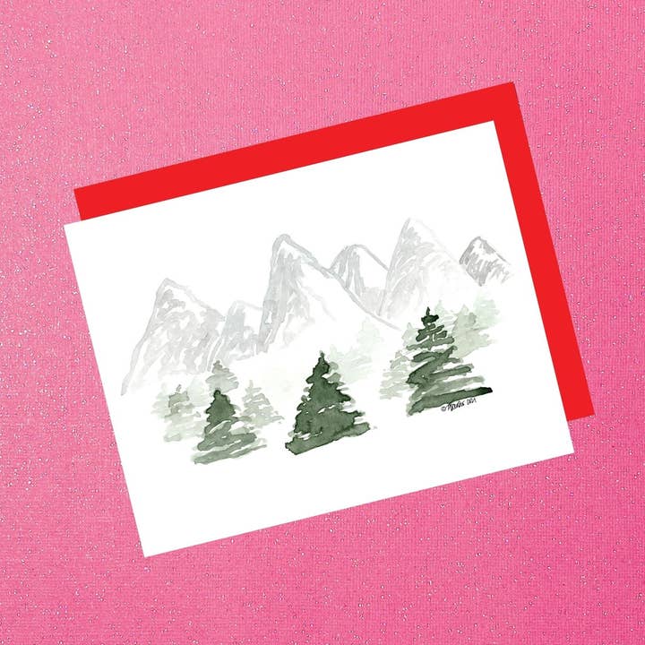 Wenskaart voor berglandschap — handgeschilderde aquarel voor wholesale door Tiffany Ascensio Designs | Watercolor Greeting Cards