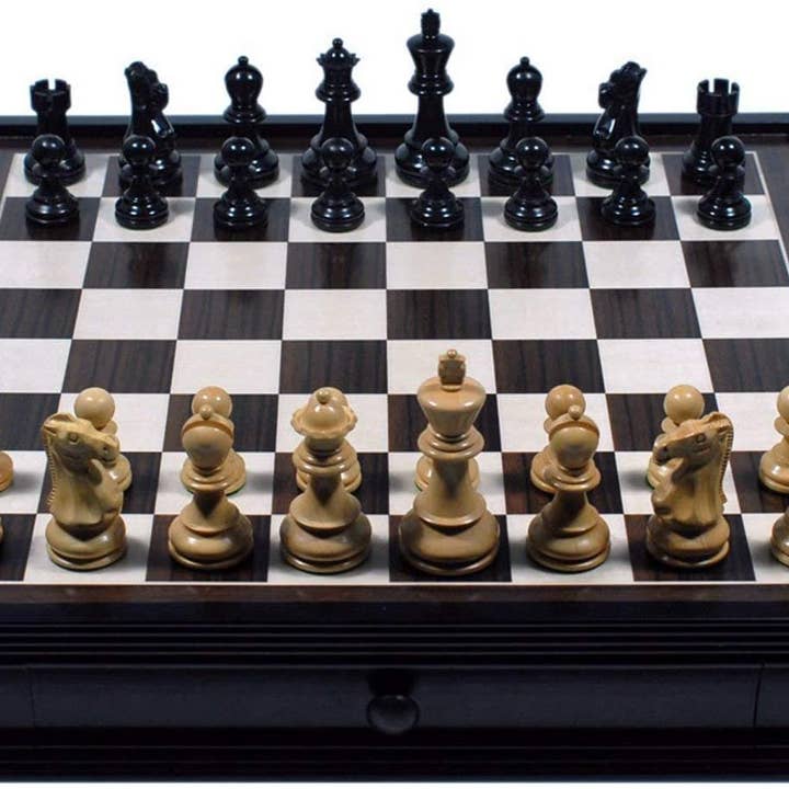 Grand English Style Chess Set with Storage Drawers - Pieces are Tournament Sized and Hand Carved with Black Stained Wood Board 19 in. for wholesale by Wood Expressions