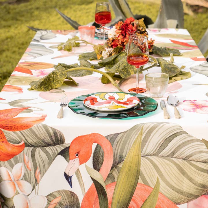 Satin Tablecloth "Flamingos" 100% Made in Italy for wholesale by The Napking
