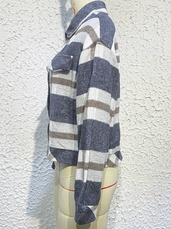 DJUPBLÅ Långa ärmar Lösa knappar Kontrastfärg Rutigt Lapel Ytterkläder för wholesale på Faire6