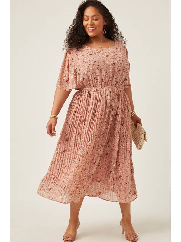 Vestido Midi Floral Plissado Plus por atacado de MintChoco