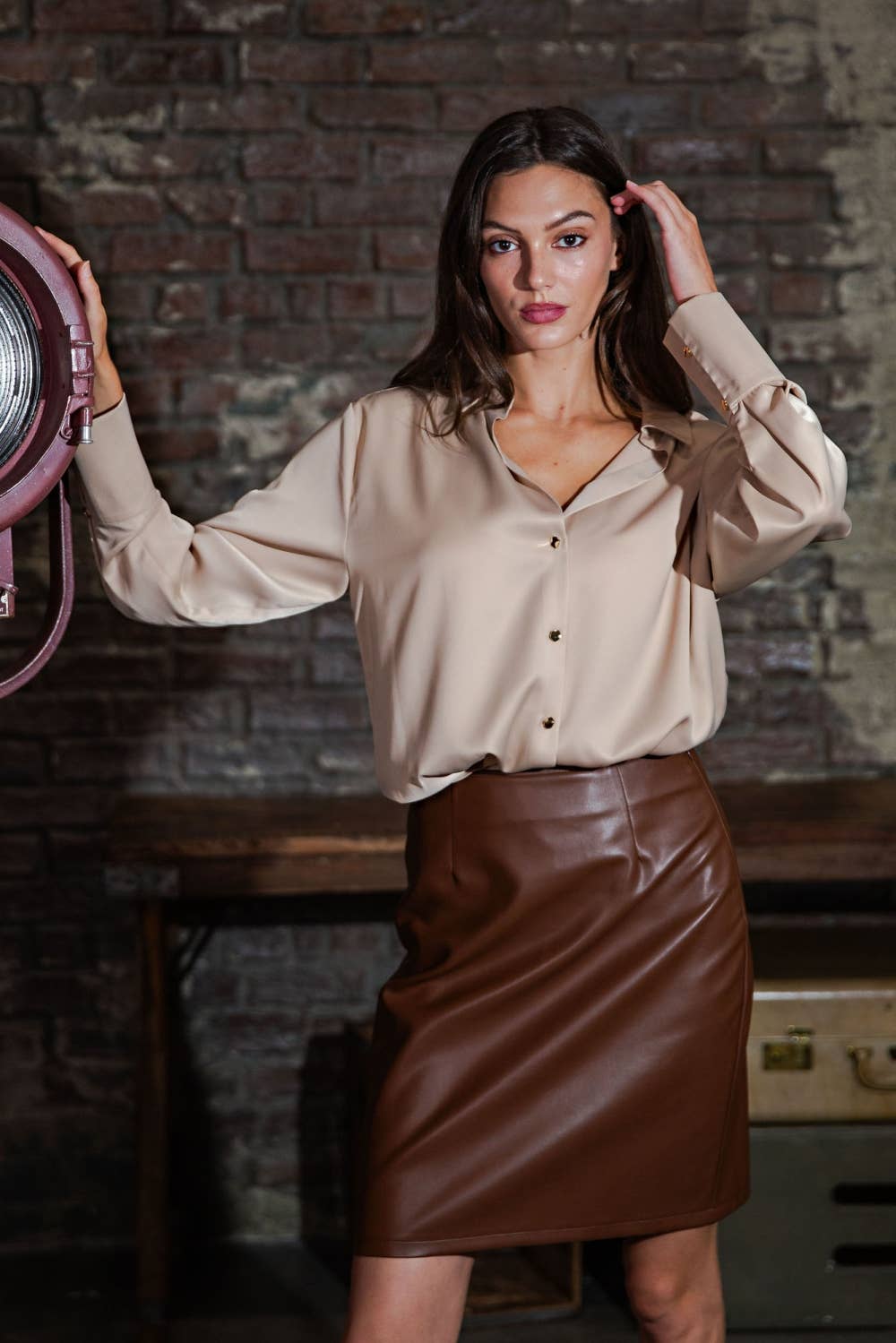 Camel Stretch Satin Collared Shirt for wholesale on Faire3