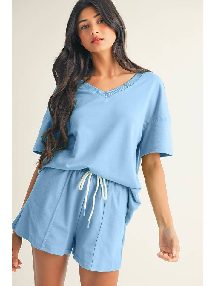 Little Daisy Closet - Wholesale Lounge Set - Women's - LDC V Neck Drop Shoulder Tee and Patchwork Drawstring Shorts