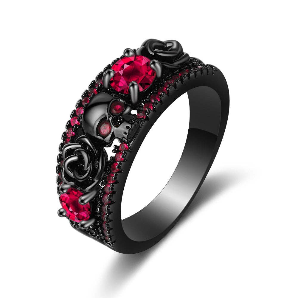 Tourtiwi - Wholesale Cocktail/Statement Ring - Gothic Skull Flower Black Gold Inlaid Zircon Ring0