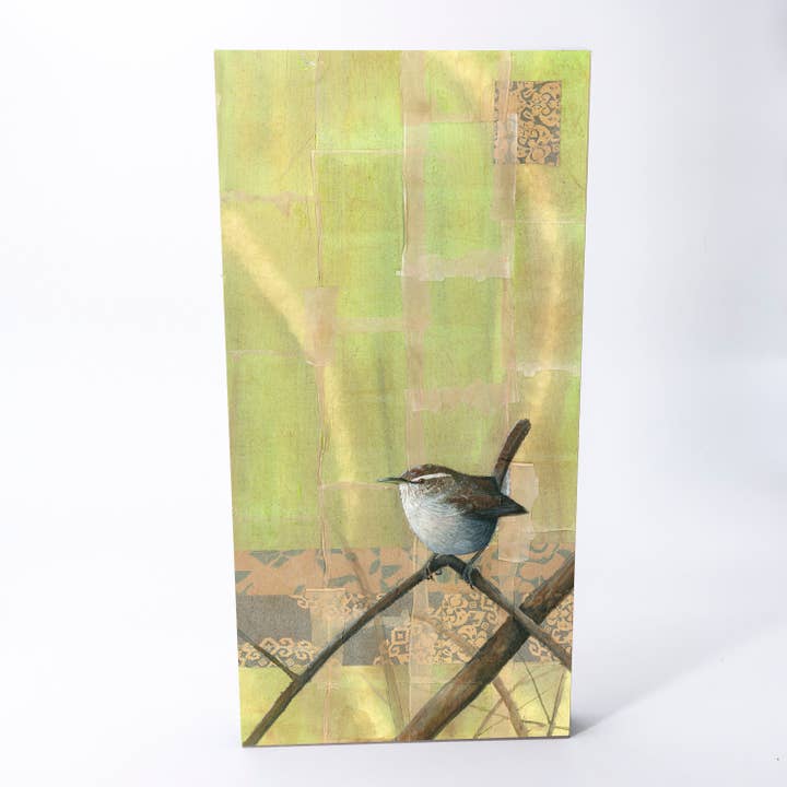 Bewick's Wren Wood Panel Giclée Print for wholesale by Orphan Girl Fine Art