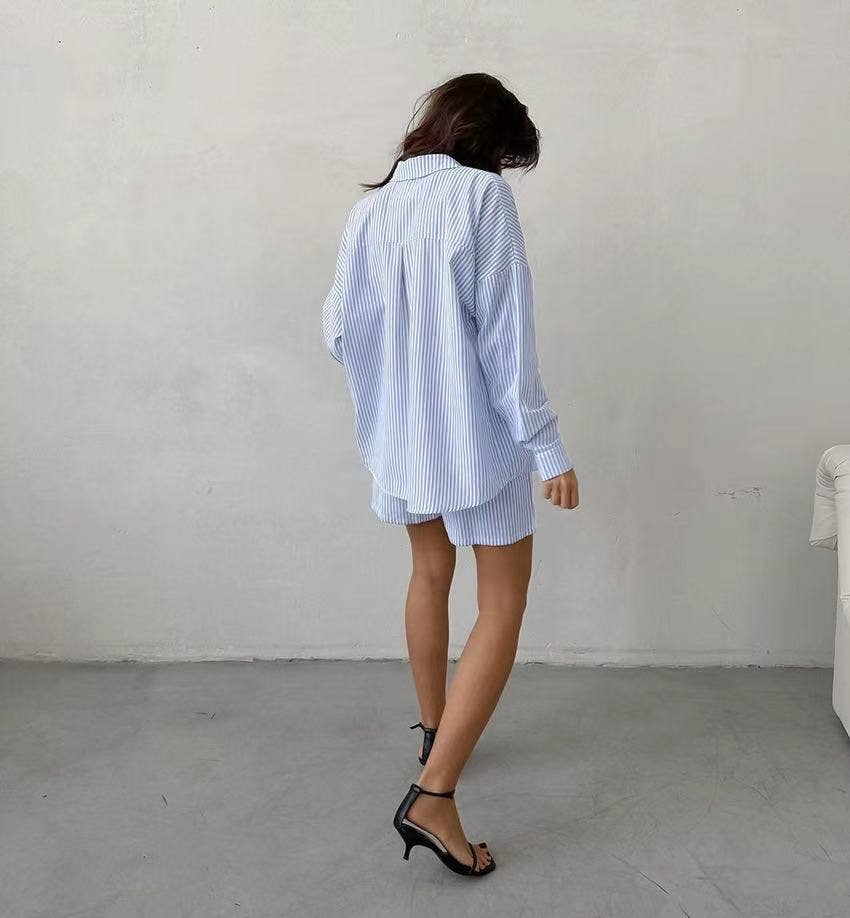 Blue Striped Two Piece Shorts Set for wholesale on Faire1