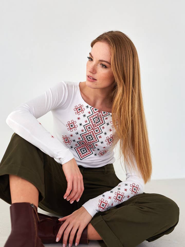 Embroidered T-Shirt Carpathian Ornaments White & Red for wholesale by Handmade Originals Ukraine